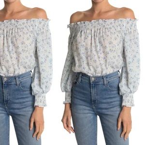 WAYF Off The Shoulder Smocked Bodysuit - Blue Ditsy (Medium)